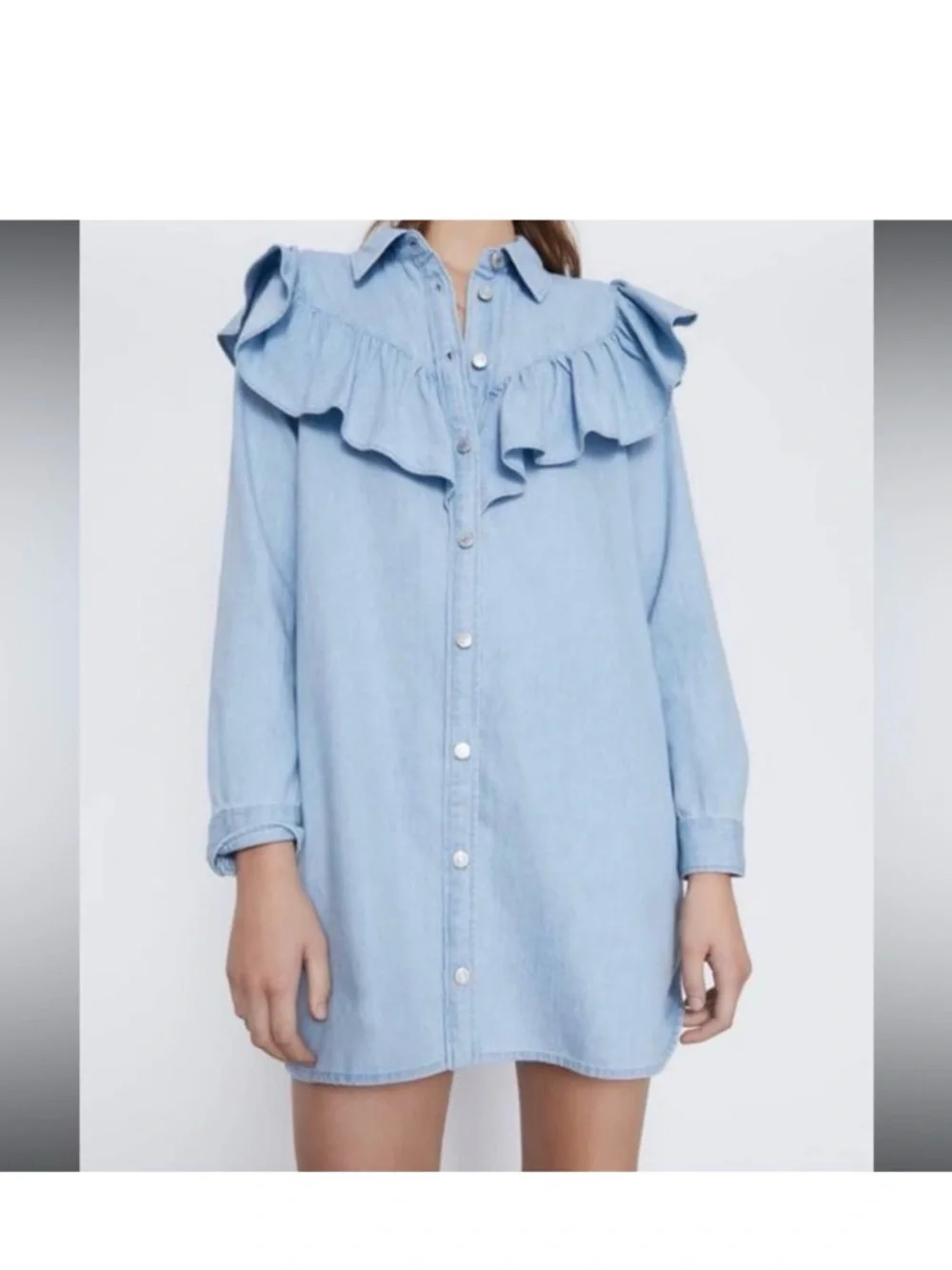 Zara Denim Button-Down Ruffle Mini Shirt Dress (Box H) - Picture 2 of 7